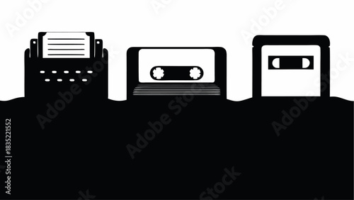 Illustration of vintage media devices including a typewriter cassette tape and vhs tape in black and white | editable eps vectors silhouette