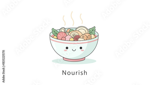 Cute Nourish Bowl Illustration – Kawaii Healthy Food Icon with Vegetables