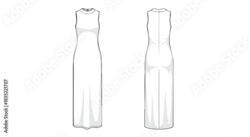Sleeveless Long Dress Fashion Technical Drawing Showcasing Minimalist Design and Clean Lines for Garment Manufacturing and Fashion Illustration