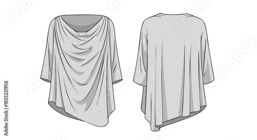 Draped Tunic Fashion Design: Technical Flat Sketch Displaying Front and Back Views with Flowing Fabric Detailing, Enhanced Shading Techniques