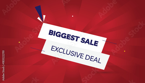 biggest sale exclusive deal editable eps format web banner vector art illustration template design white gray shapes deep blue bold font red gradient abstract sun shine background 4k business