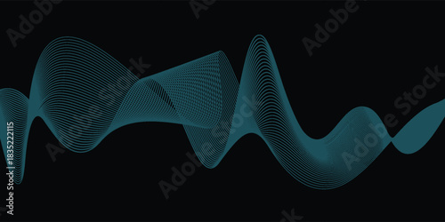 Abstract blue wavy lines of the sound wave. Dynamic gradient pulsating wave. Musical neon concept, symbols of the frequency of digital music. Vector illustration on a black background