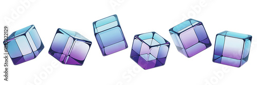 Six translucent blue and purple geometric cubes, abstract design, isolated on white background