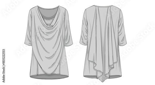 Technical Drawing of a Cowl Neck Top: Detailed Front and Back Fashion Illustration for Design Purposes