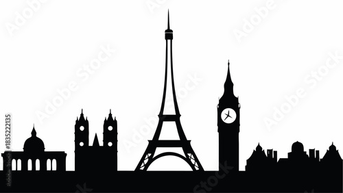 Silhouette of a cityscape featuring prominent landmarks like the eiffel tower and big ben in black and white | editable eps vectors