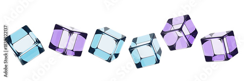 Abstract geometric shapes in blue and purple, resembling patterned cubes, isolated on white background