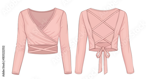 Stylish pink crop top with front wrap and back criss-cross detail, elegant modern design, fashionable apparel