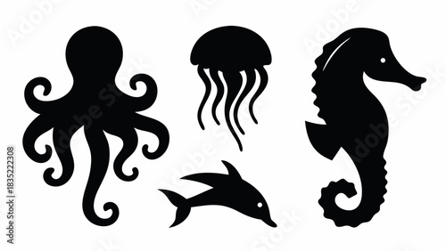 Black silhouettes of sea animals including octopus jellyfish dolphin and seahorse on a white background image | editable eps vectors
