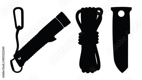 Silhouette of a flashlight with carabiner rope and knife survival gear equipment and adventure tools | editable eps vectors