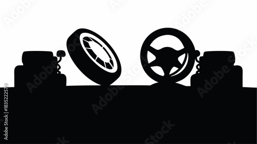 Silhouette of a car interior with a steering wheel, tire, and gear shift levers on a dark surface | editable eps vectors