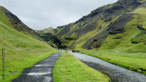 Green Valley With River In Iceland Landscape Background, Green Hills Canyon