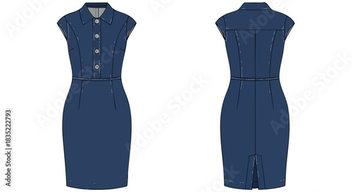 Technical flat sketch of a classic button-down shirt dress in a navy blue color perfect for fashion design conceptualization and garment production