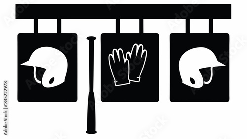 Three hanging signs displaying baseball equipment including helmets gloves and a bat in black and white | editable eps vectors silhouette