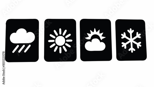 Illustration of weather icons including rain sun partly cloudy and snowflake on black square backgrounds | editable eps vectors silhouette