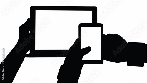 Silhouette of hands holding a tablet and a smartphone with blank white screens against a white background | editable eps vectors