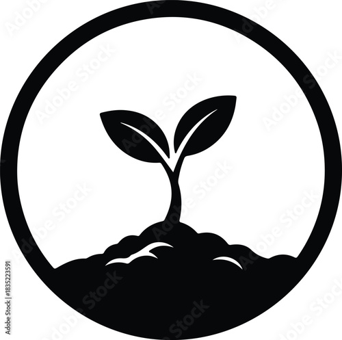 Illustration of a plant growing from soil inside circle silhouette vector