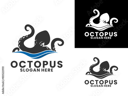 Octopus with sea waves logo design vector template. Octopus cartoon logo design icon
