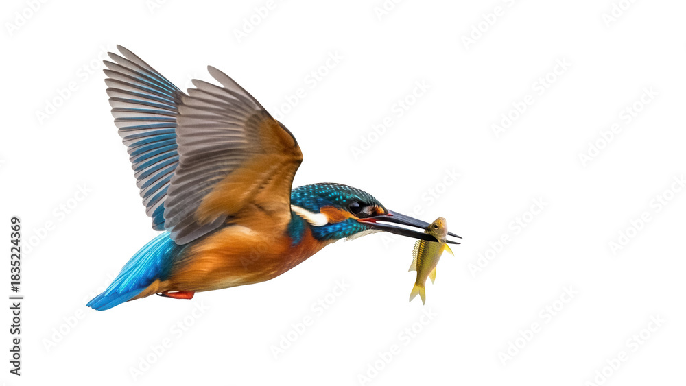 Obraz premium Colorful kingfisher flying with fish in beak isolated PNG, vibrant bird catching prey on transparent background for wildlife design