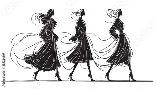 Abstract fashion in long black dress vector set drawn in line sketch style