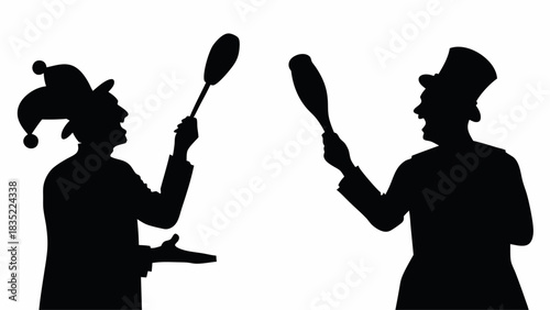 Silhouette of two performers juggling with batons one in a jester hat and the other in a top hat on white | editable eps vectors