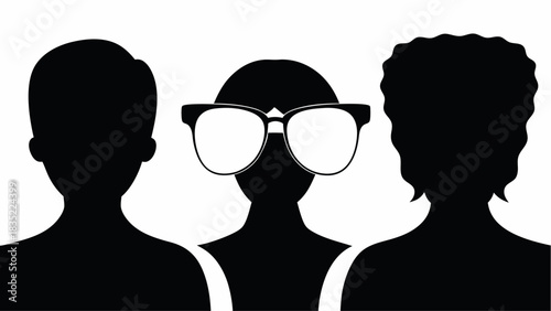Three silhouetted figures with one wearing glasses in a black and white minimalist illustration style image | editable eps vectors