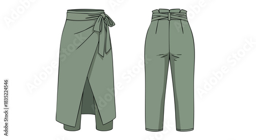Illustrative Fashion Designs: Wrap Skirt and Paper Bag Waist Trousers in Muted Green Palette