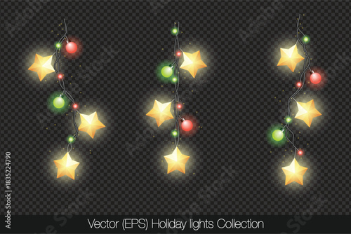 Charming Holiday lights set with glowing stars, colorful light bulbs and twinkles, isolated on transparent background. Decorative colorful string lights with twinkle