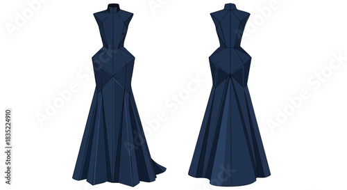 Elegant navy gown showcased front and back revealing its unique geometric construction and tailored silhouette offering inspiration for fashion design