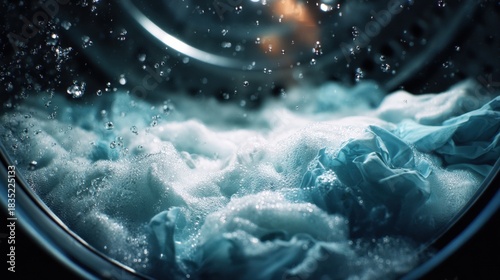 Medium shot of fabricspecific wash cycle using embedded sensors to tailor detergent release and agitation for delicate garments.