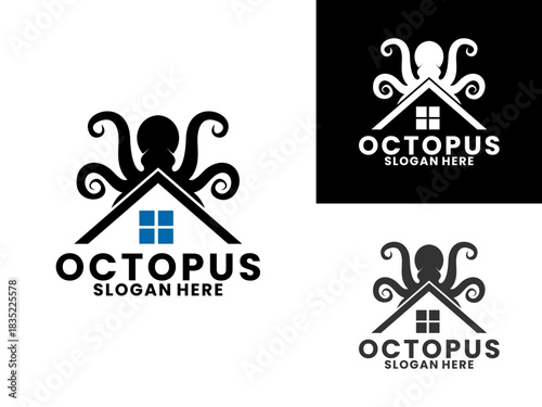 Octopus combination with house logo design. Octopus home real estate logo design. Seafood restaurant logo