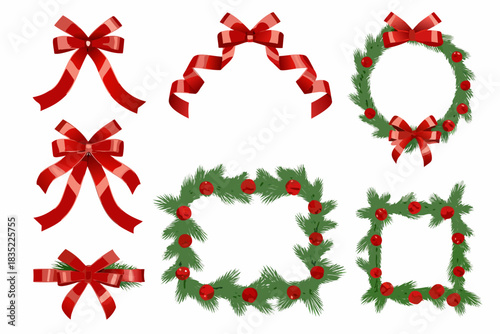 Christmas wreaths and red bows decoration elements