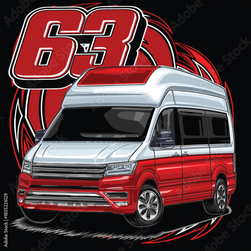 Red and painted racing car. Isolated in black background, for t-shirt design, print. and for business purposes.