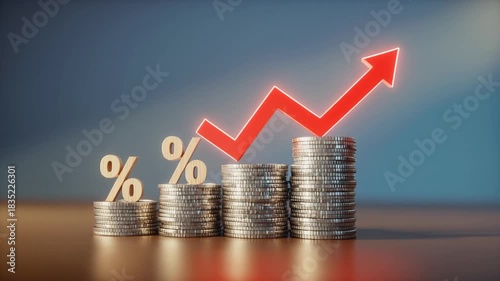 Stacks of Coins with Percentage Symbols and a Red Upward Trend Arrow money currency