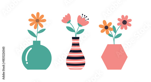 Set of three modern and minimalist vases in different shapes and colors, each holding a simple yet beautiful stylized flower.