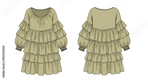 Technical flat drawing showcasing a tiered mini dress with gathered sleeves and ruffled details in a digital format