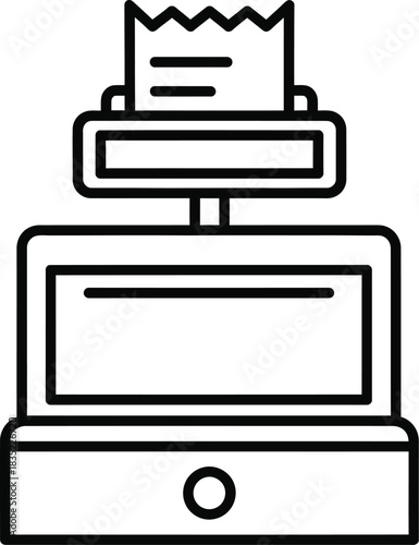 Minimalist line art icon of a cash register with a printed receipt, symbolizing retail transactions, sales, payment, and financial records.