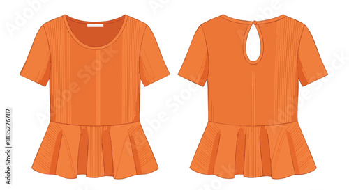 Digital rendering of an orange peplum top showcasing design elements like short sleeves and a back keyhole accentuates style