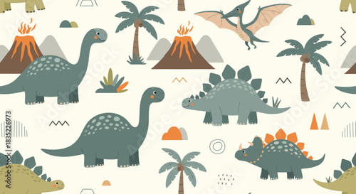 Seamless pattern for children featuring cute cartoon dinosaurs in a prehistoric landscape with volcanoes and tropical palm trees.