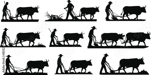 Traditional farmer plowing field with ox, vintage agriculture silhouette illustration, working village farming practice, classic rural life vector graphic.