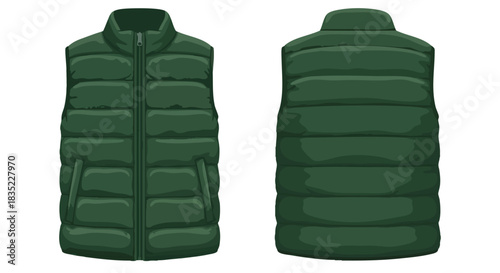 Stylish green insulated vest illustration showcasing front and back views perfect for fashion visuals and product mockups providing versatility