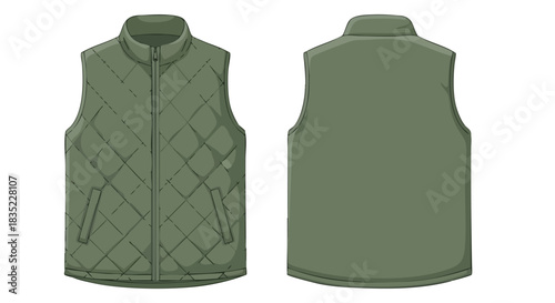 Olive Green Quilted Vest Design: Front and Back View for Fashion Illustration and Design Projects