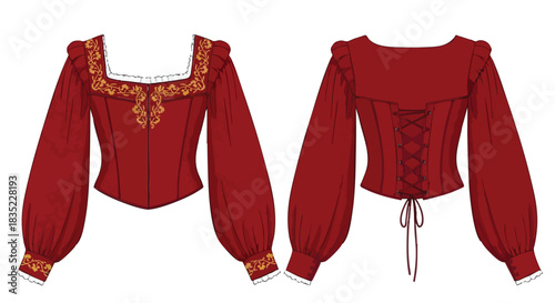 Detailed flat sketch displaying a striking crimson blouse with ornate gold embellishments and balloon sleeves providing both front and rear views