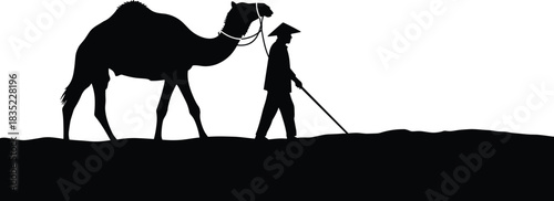 Camel, leading, silhouette, posture, gesture, rope, stick, hat, desert, travel, nomadic, terrain, vector, black, pose, setup, traditional, journey, rural, flavector