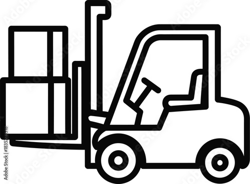 Line art icon of a forklift lifting stacked boxes, symbolizing warehouse operations, logistics, delivery, and industrial transport.