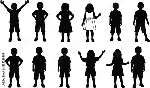 Children silhouette vector, diverse kid poses, black and white illustration, minimal style, posture study, gender neutral, playful motion, scalable art
