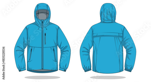Detailed vector illustration showcasing a vibrant blue hooded jacket with front and back views emphasizing the design and features of outdoor apparel