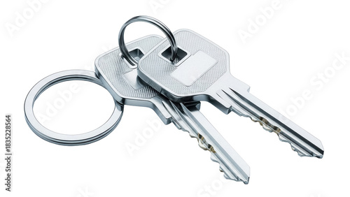 Two silver metal keys on a keyring isolated PNG, security and access concept for design elements on transparent background