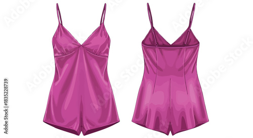 Elegant magenta romper with delicate straps and silky finish showcasing front and back views with meticulous detail showcasing its design aesthetics