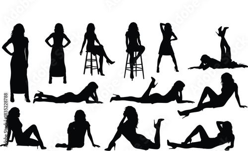 Collection of confident female model silhouettes in various reclining and standing poses, symbolizing fashion, elegance, beauty, sensuality, and contemporary style in vector illustration art.