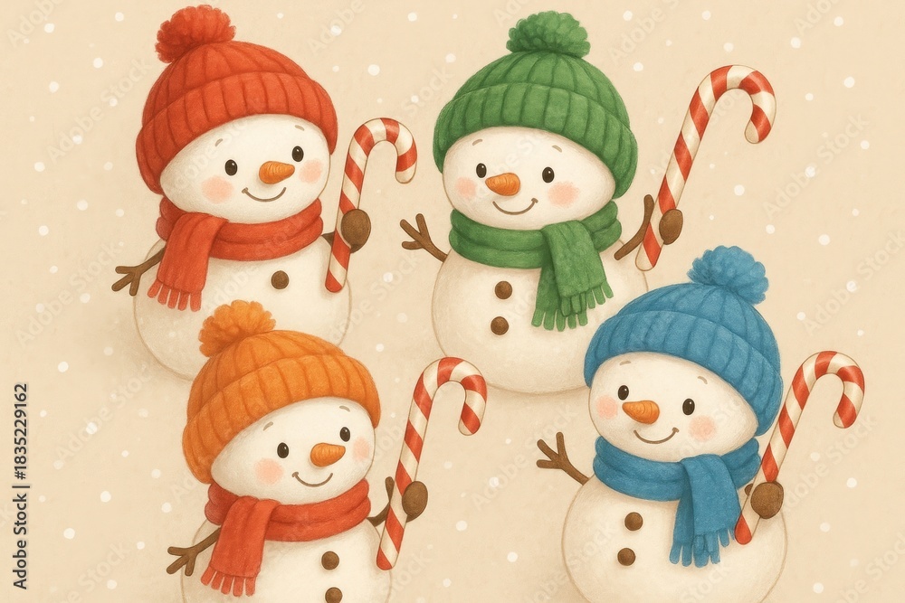 Fototapeta premium Cute snowmen with candy canes background